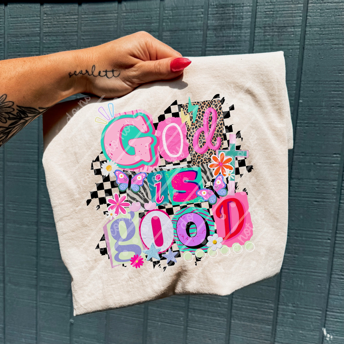 God is good checker back magazine collage font (MZ) DTF transfer