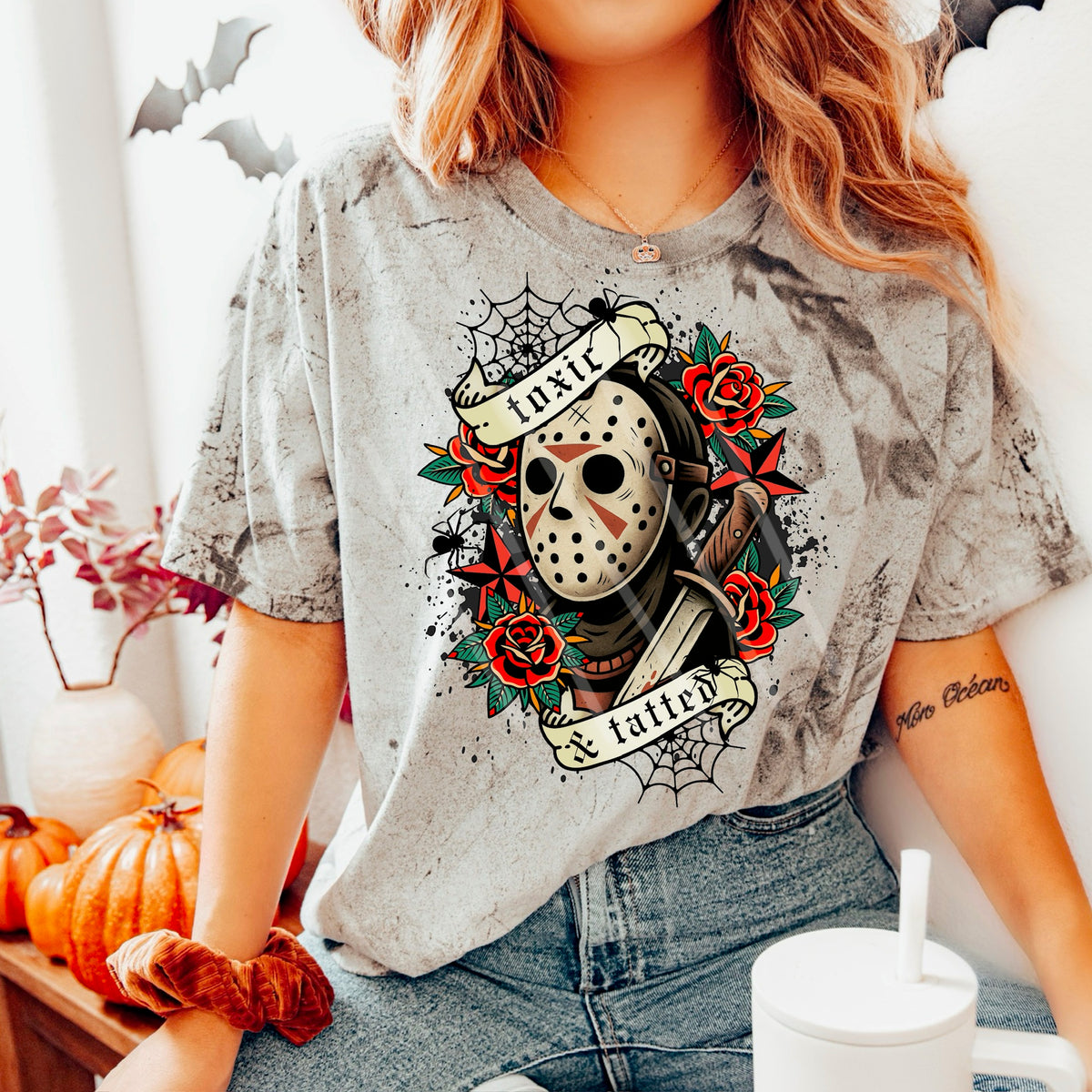 Toxic Tatted Mask Roses and webs (MZ) 113455 DTF transfer