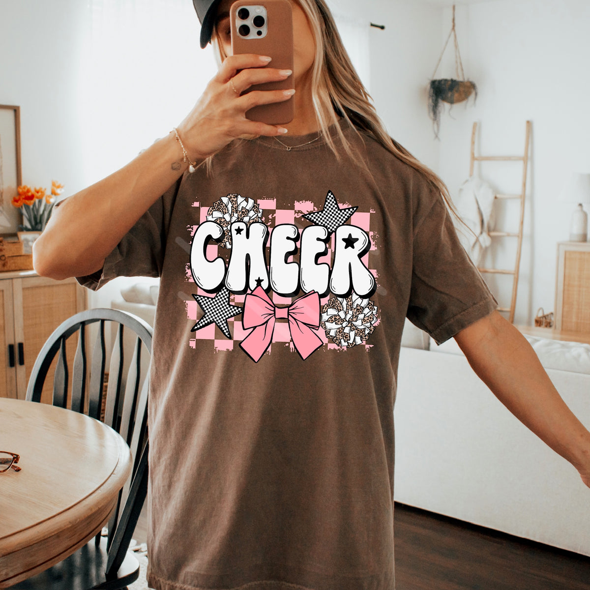 Cheer pink bow and pom poms (scarlow) DTF transfer
