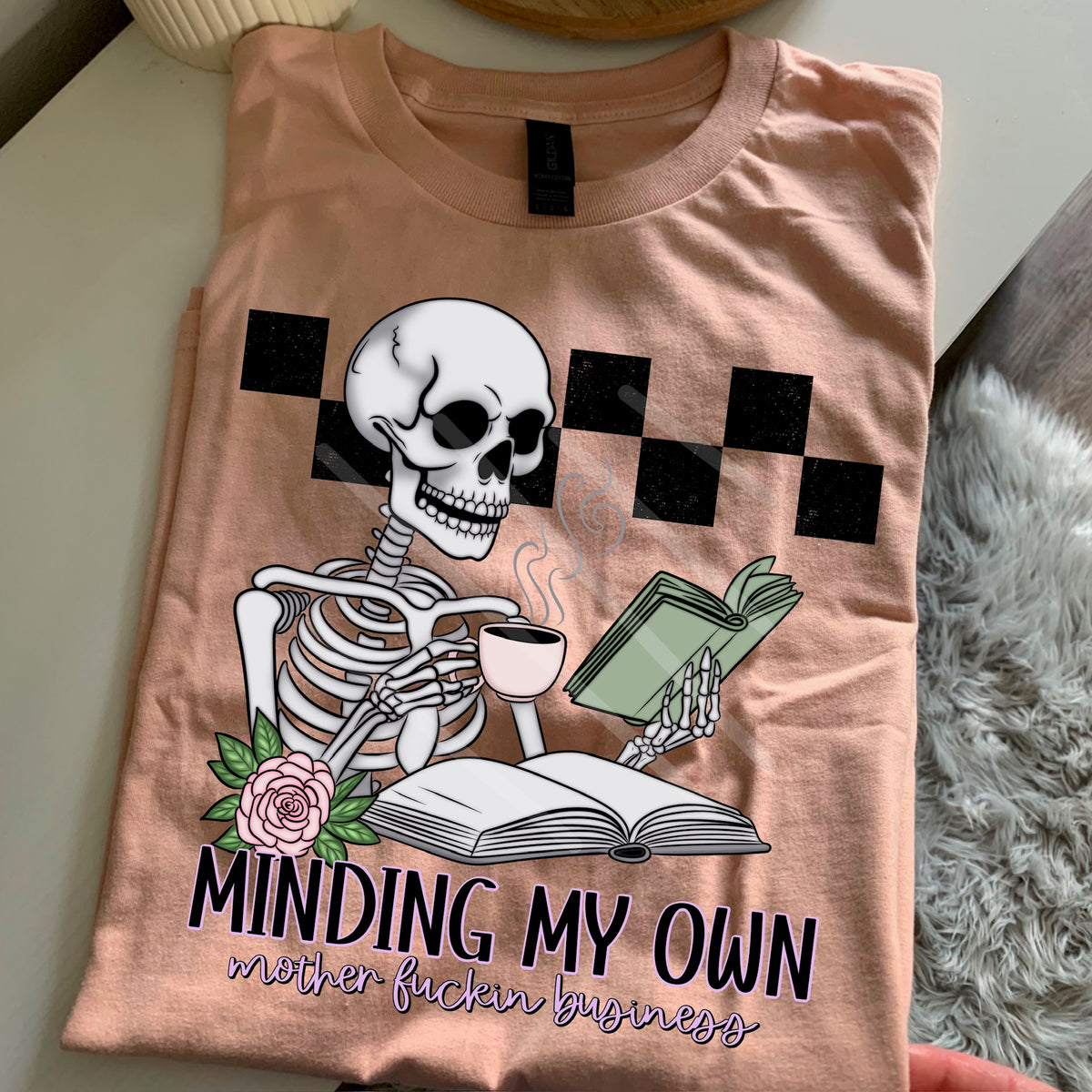 Minding My Own Business skeleton reading and drinking coffee 110748 DTF transfer
