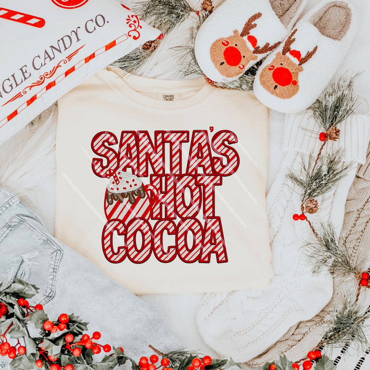 Santas Hot Cocoa red striped letters with red mug 111642 DTF transfer