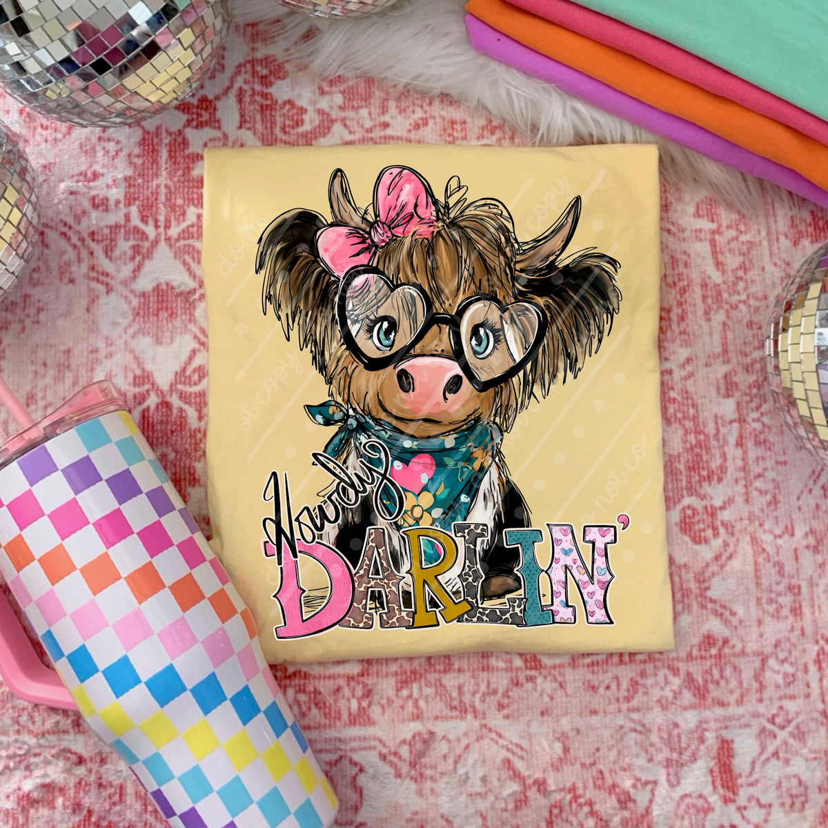 Howdy darlin highland cow with bow (Texasgal) DTF Transfer