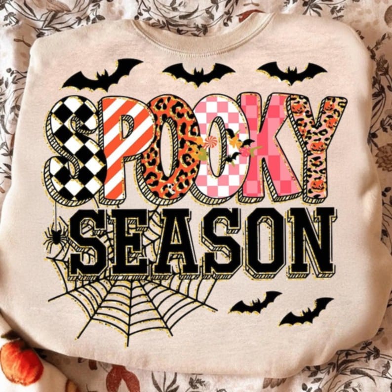 Spooky Season with bats and patterned letters DTF transfer