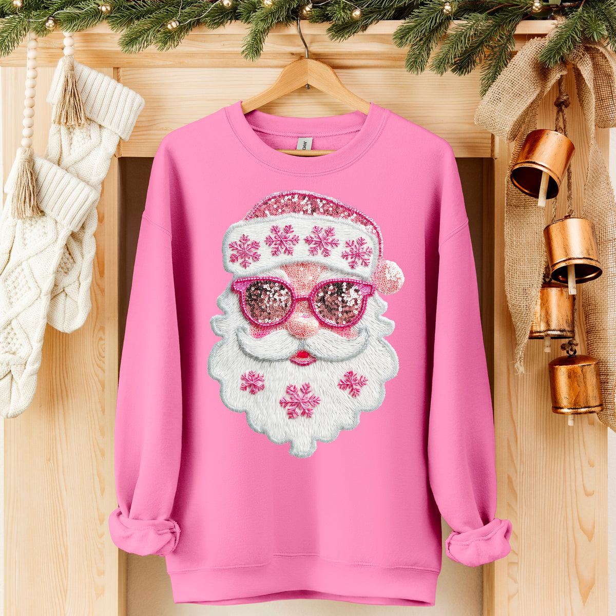 Pink faux sequin Santa with sunglasses 113334 DTF transfer
