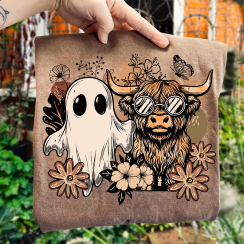 Ghost and highland cow with flowers DTF transfer