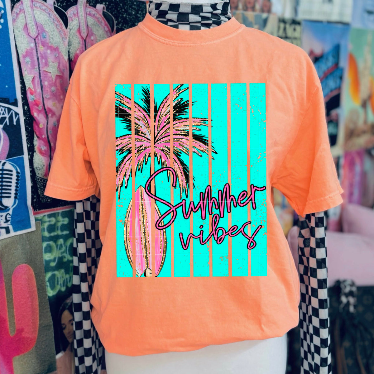 Summer vibes pink palm tree blue stripes (SDD) DTF Transfer