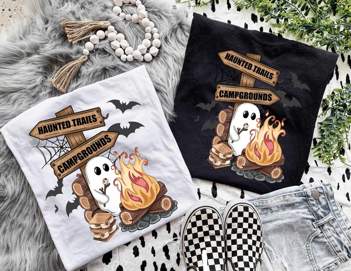 Camping ghost haunted trails campground sign (LUMI) 60123 DTF transfer