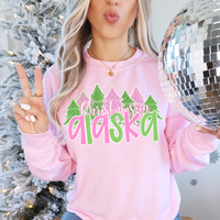 Christmas In Alaska Green Pink White Outline (CITY) 74019 DTF Transfer