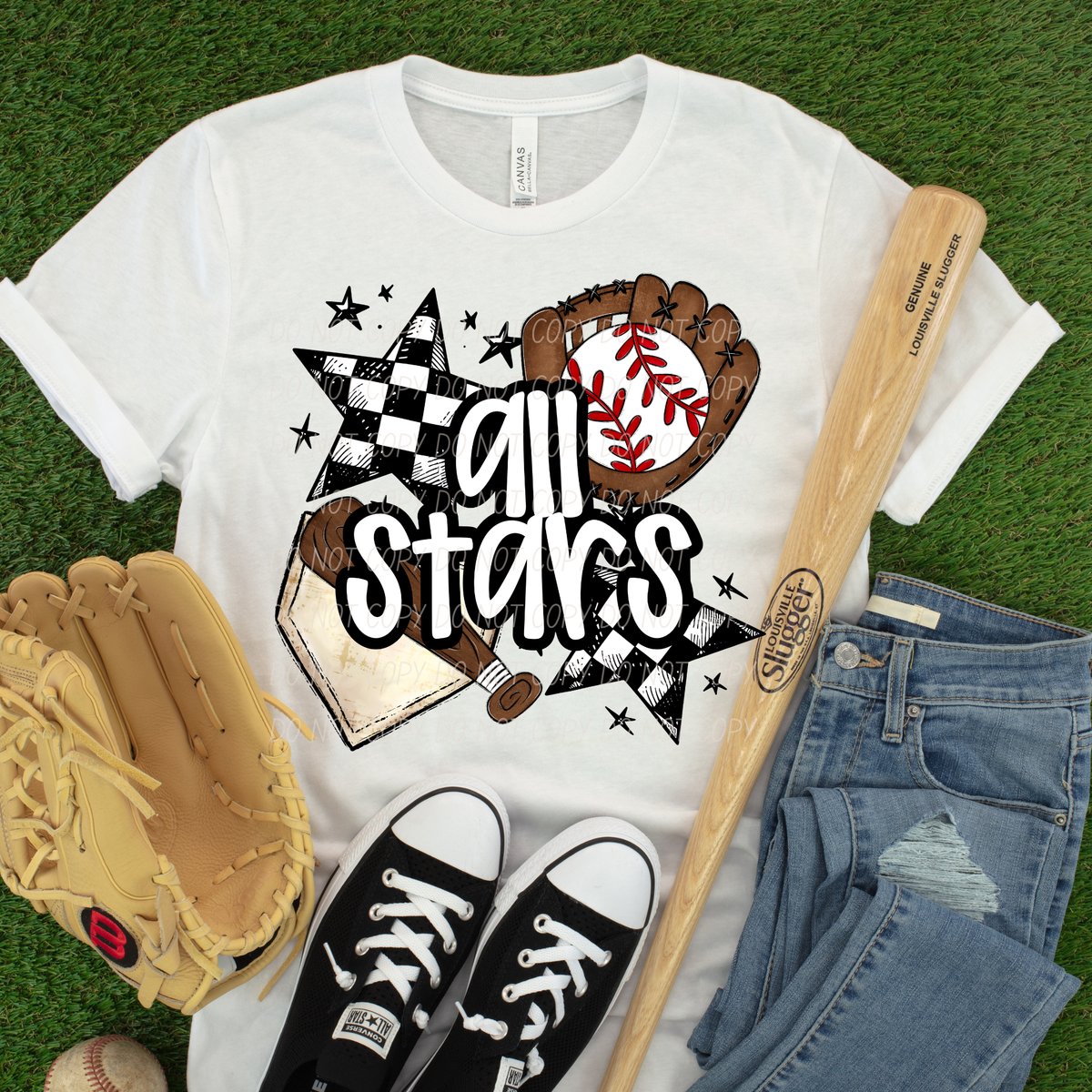 all stars baseball with bat mitten checkered stars (City) DTF Transfer