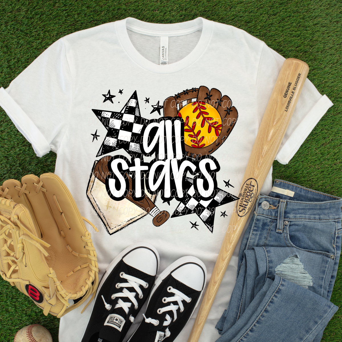 all stars with mitten and softball IN mitten black and white checkered stars (City) DTF Transfer
