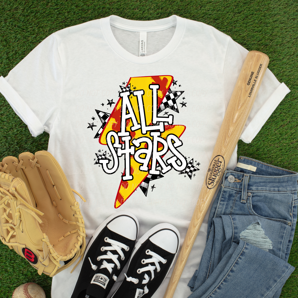 all stars softball yellow bolt with black and white checkered stars (City) DTF Transfer