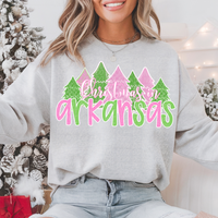 Christmas In Arkansas Green Pink White Outline (CITY) 74016 DTF Transfer