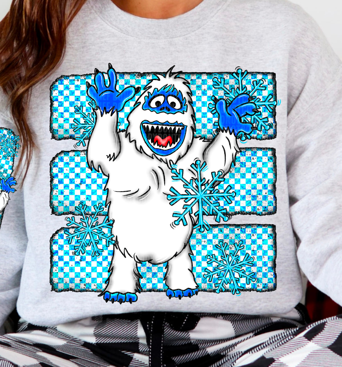 Abominable Snowman With Checkered Background And Snowflakes Front 104005 DTF transfer
