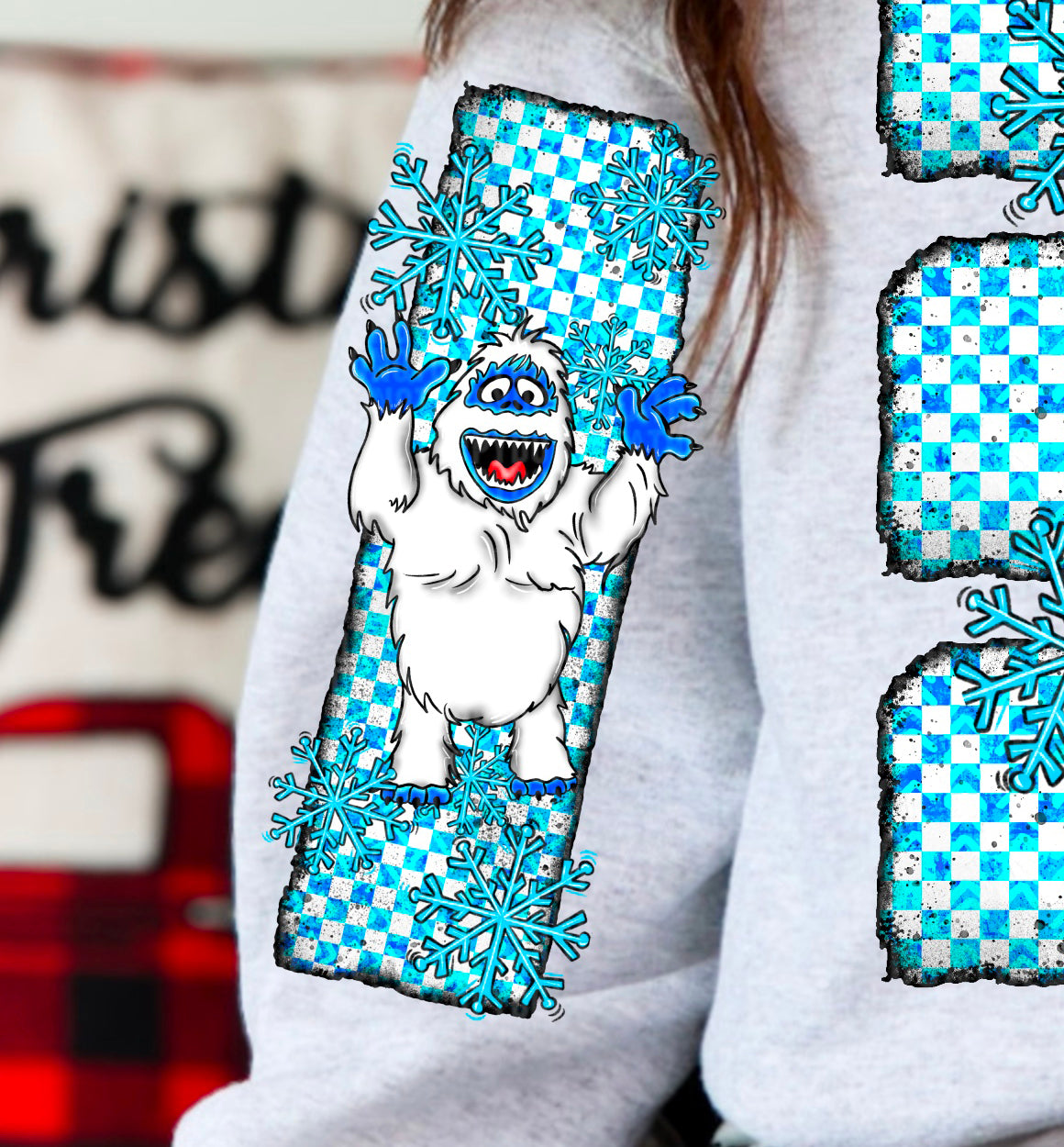 Abominable Snowman With Checkered Background And Snowflakes Sleeve 104006 DTF transfer