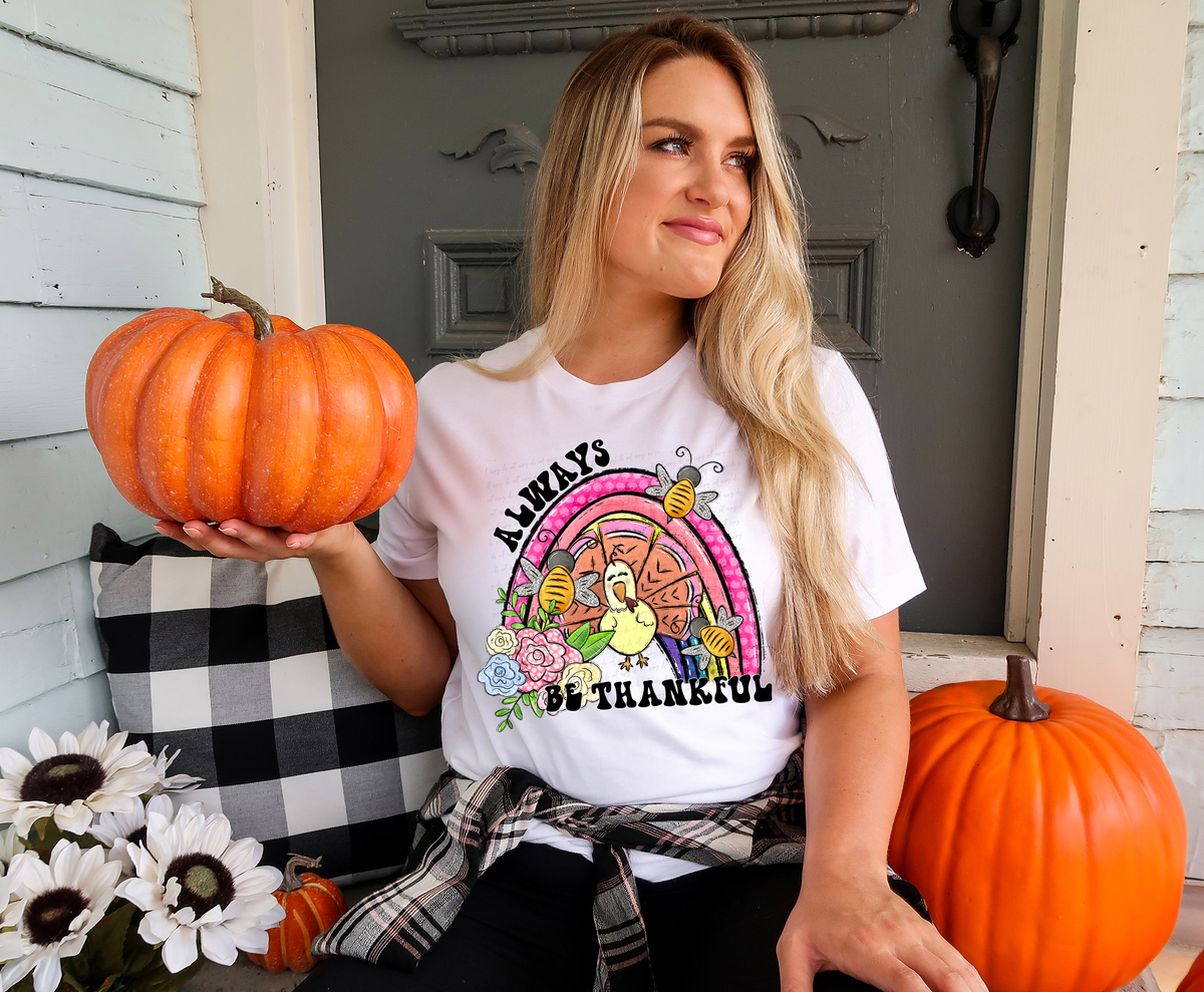 Always Be Thankful Rainbow Floral Turkey Bee 114755 DTF transfer