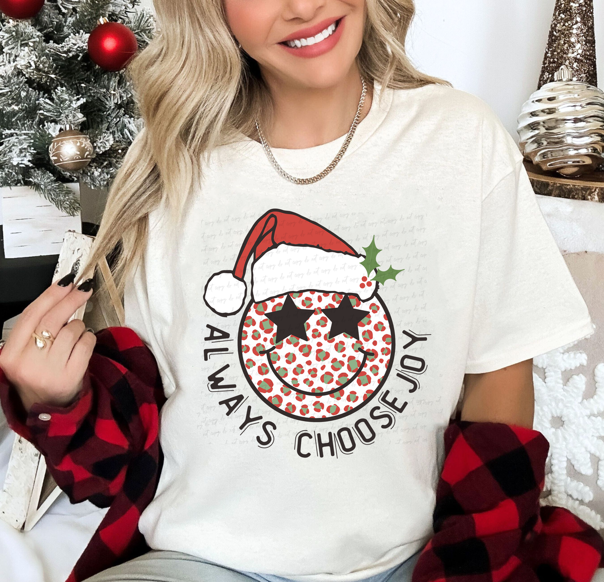 Always Choose Joy Smiley Star Eyes Santa Hat Leopard Print 114984 DTF Transfer