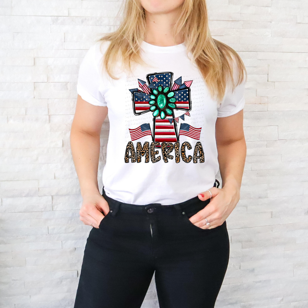 America Cheetah Font Cross with American Flag 116193 DTF Transfer