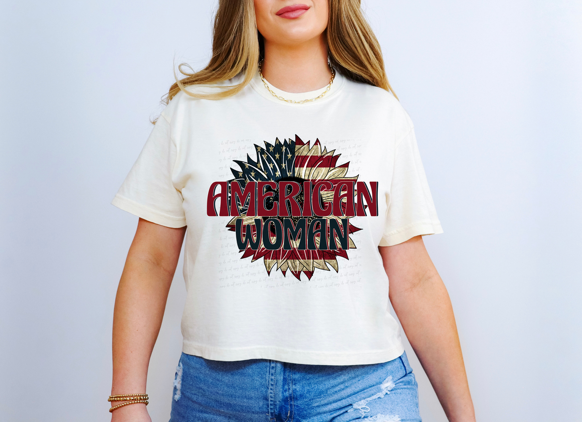 American Woman Red and Blue USA Flag Sunflower 115653 DTF Transfer