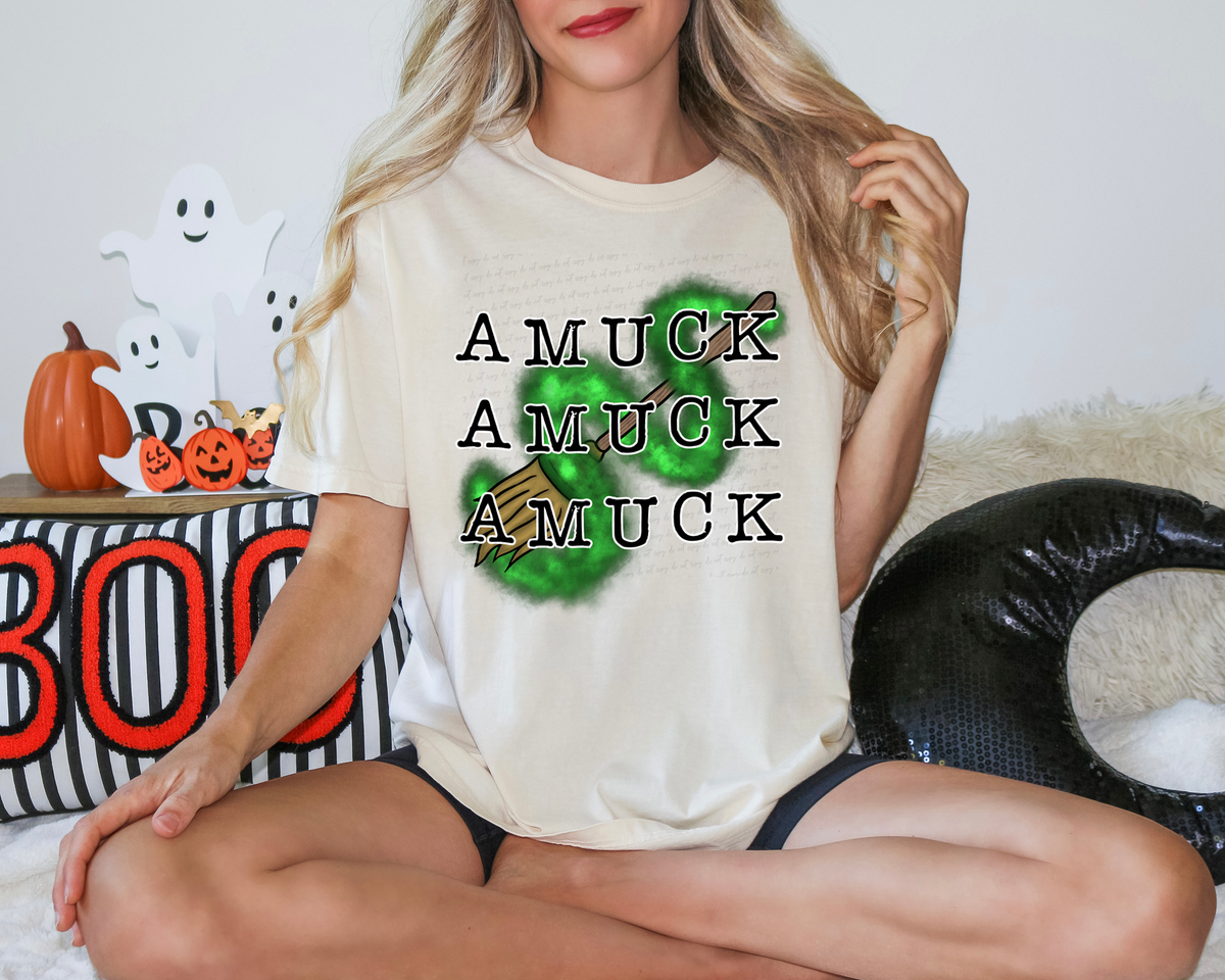 Amuck Amuck Amuck Stacked Green Smoke Broomstick White Outline 115482 DTF transfer