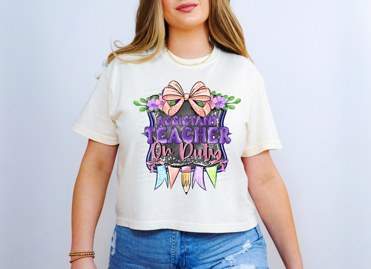 Assistant Teacher On Duty Purple Frame with Bow and Pencil 115655 DTF Transfer