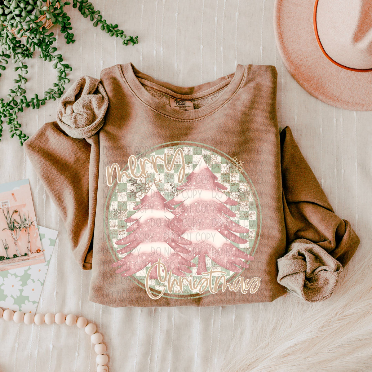 Merry Christmas checkered circle pink trees SWD DTF transfers