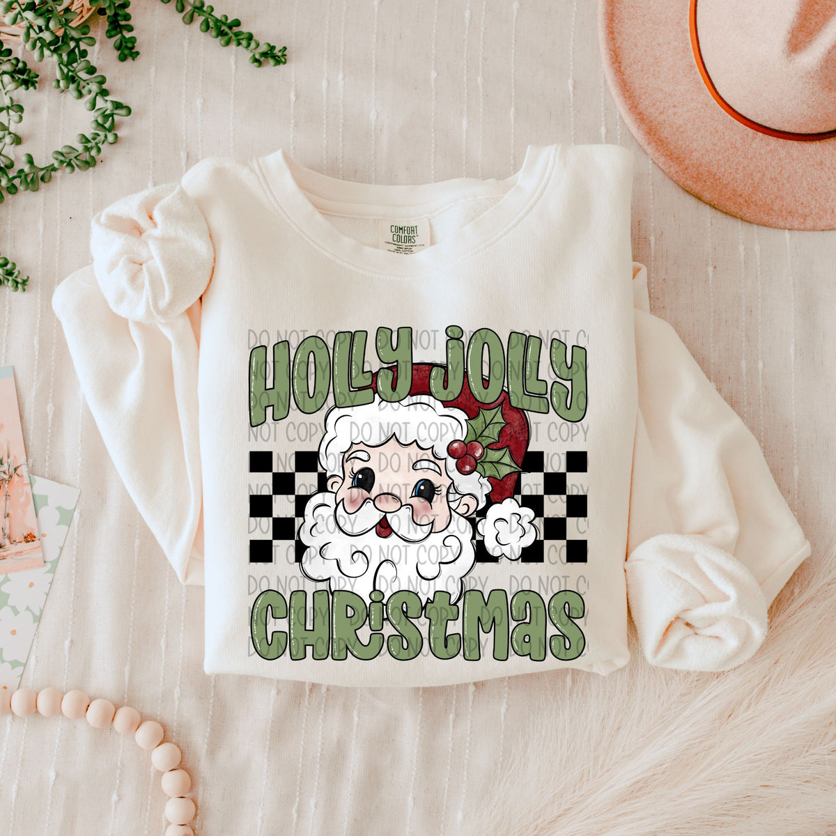Holly Jolly Christmas santa and checkered SWD DTF transfers