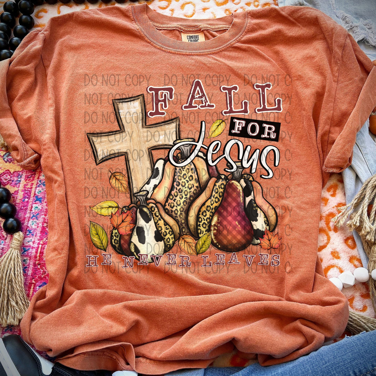 Fall for Jesus he never leaves tan cross with pumpkins and leaves SWD DTF transfer
