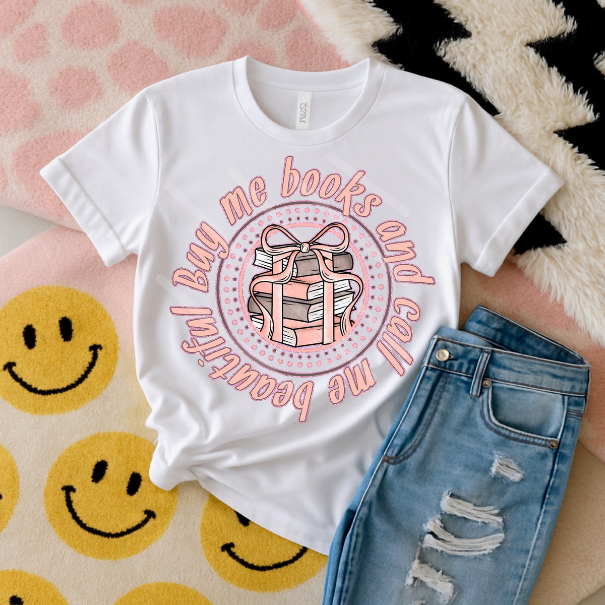 Buy me books and call me beautiful Circle book stack with bow 110569 DTF transfer