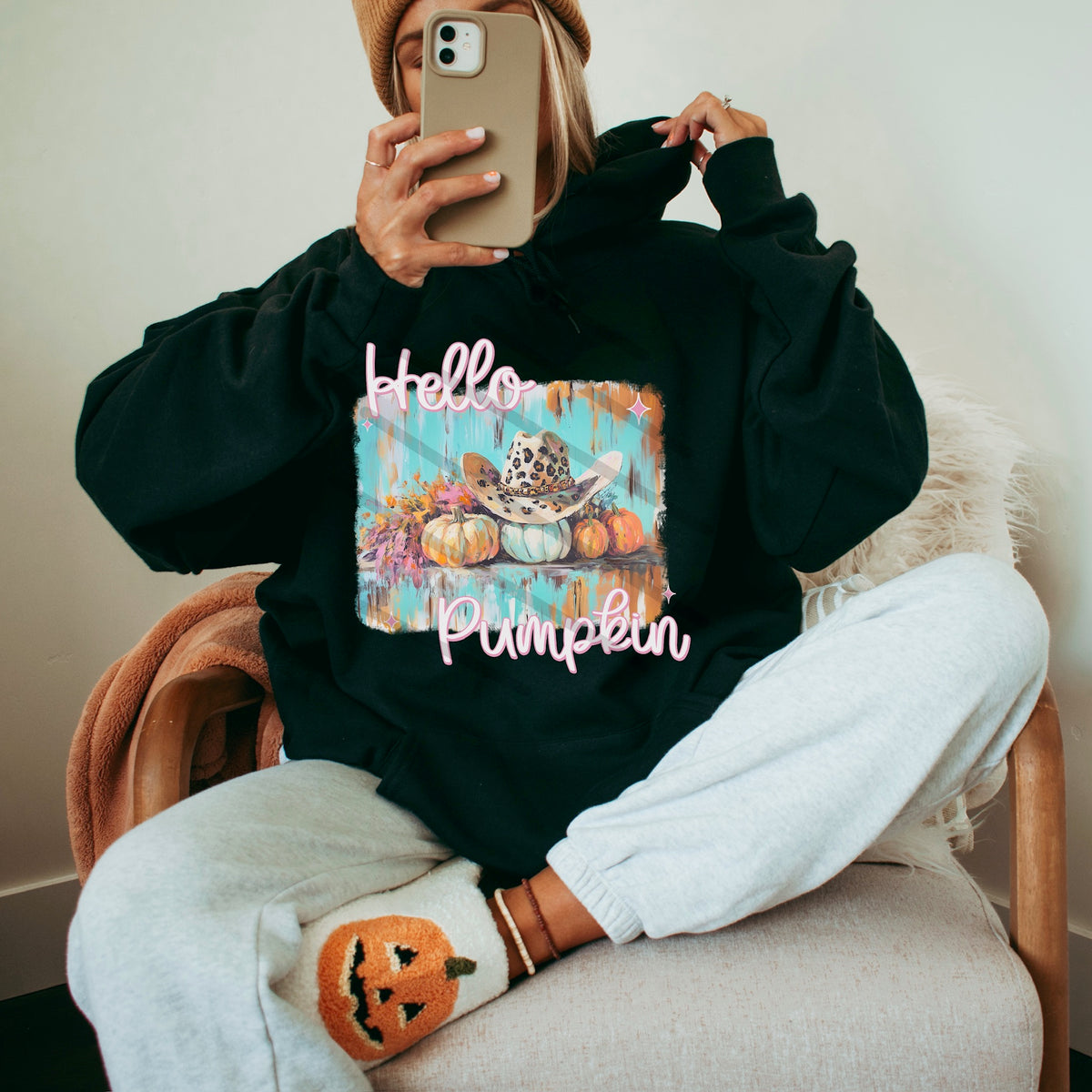 Hello Pumpkin with leopard cowboy hat 114053 DTF transfer