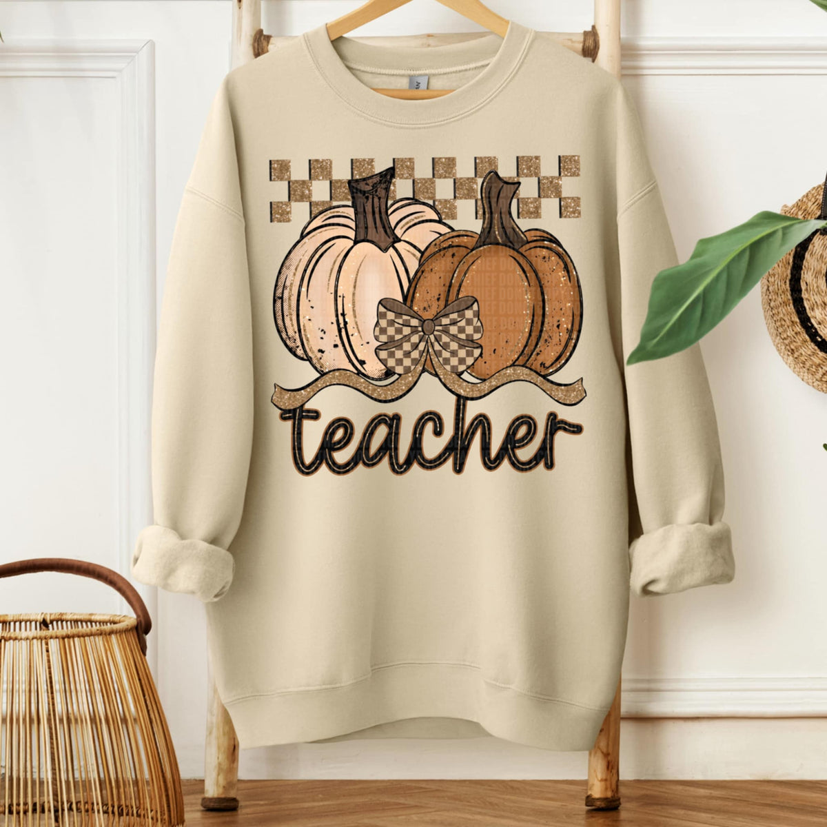 Teacher 2 pumpkins and bow with checker (sdd) DTF transfer