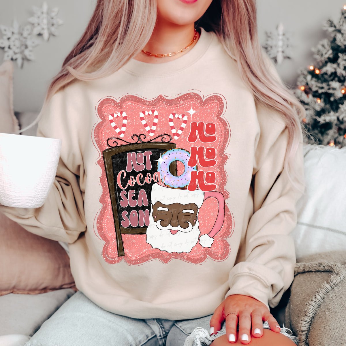 Ho Ho Ho Cocoa and Black Santa mug pink background 30192 DTF transfer