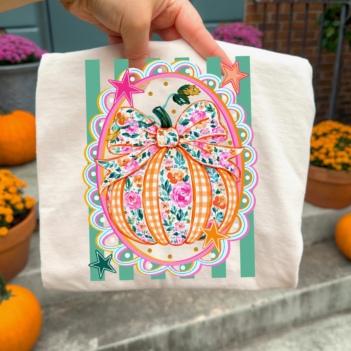 Pumpkin frame with teal stripes Sunday Special DTF transfer