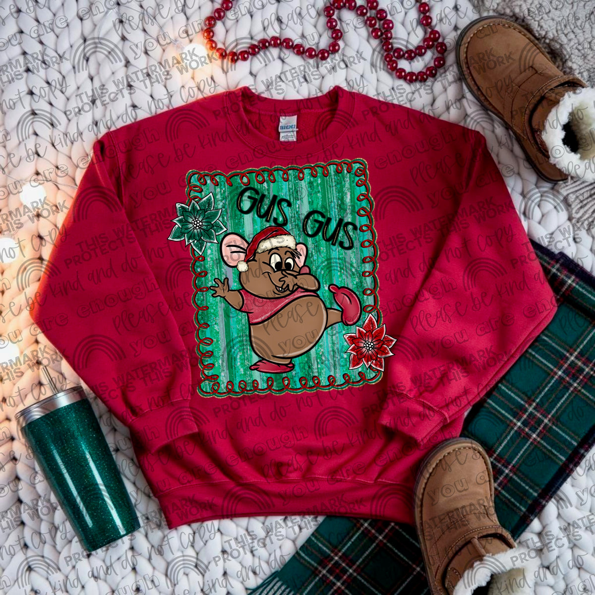 Mouse green squiggly frame Santa hat DTF transfer