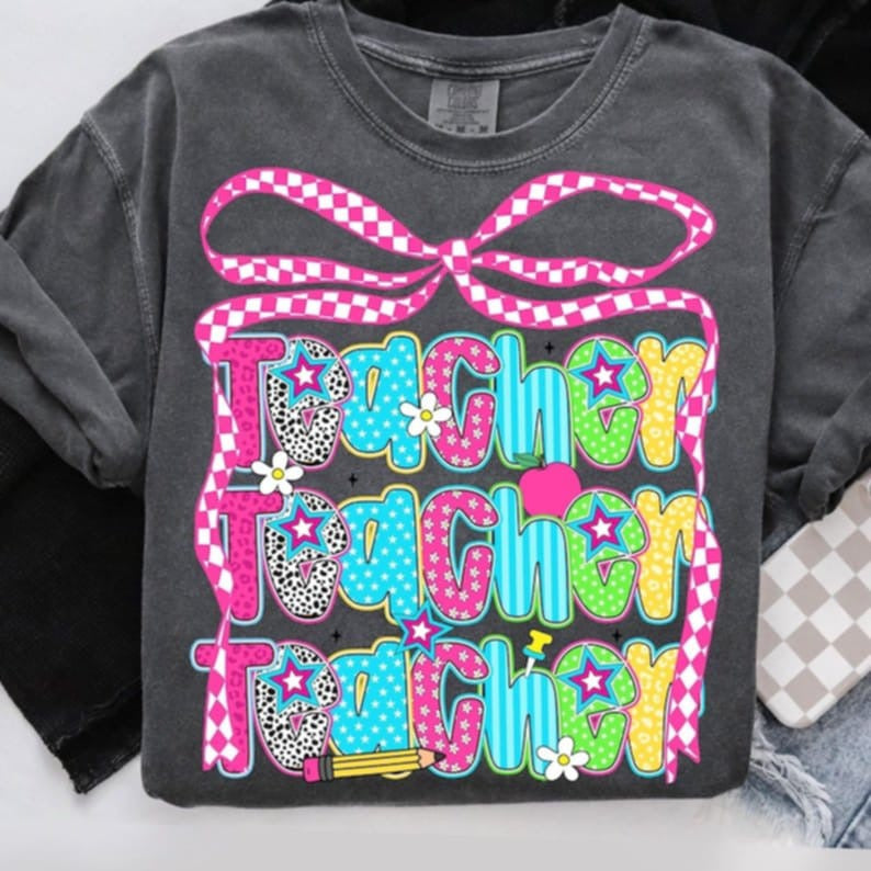 Teacher stacked with pink bow 99033 DTF transfer