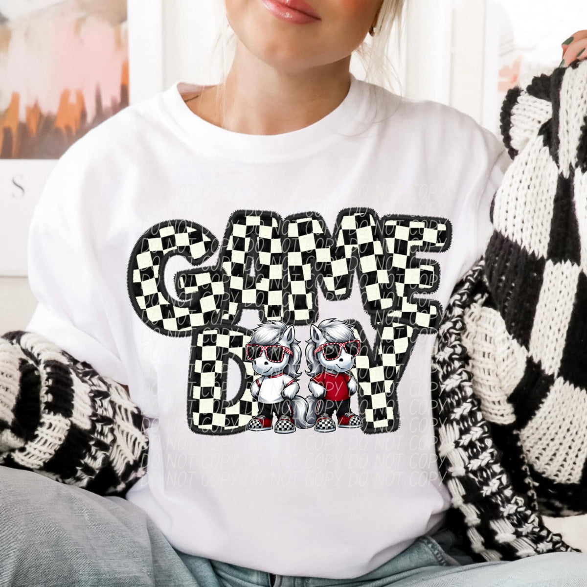 Game day Mustang characters checkered (CITY) 91370 DTF transfer
