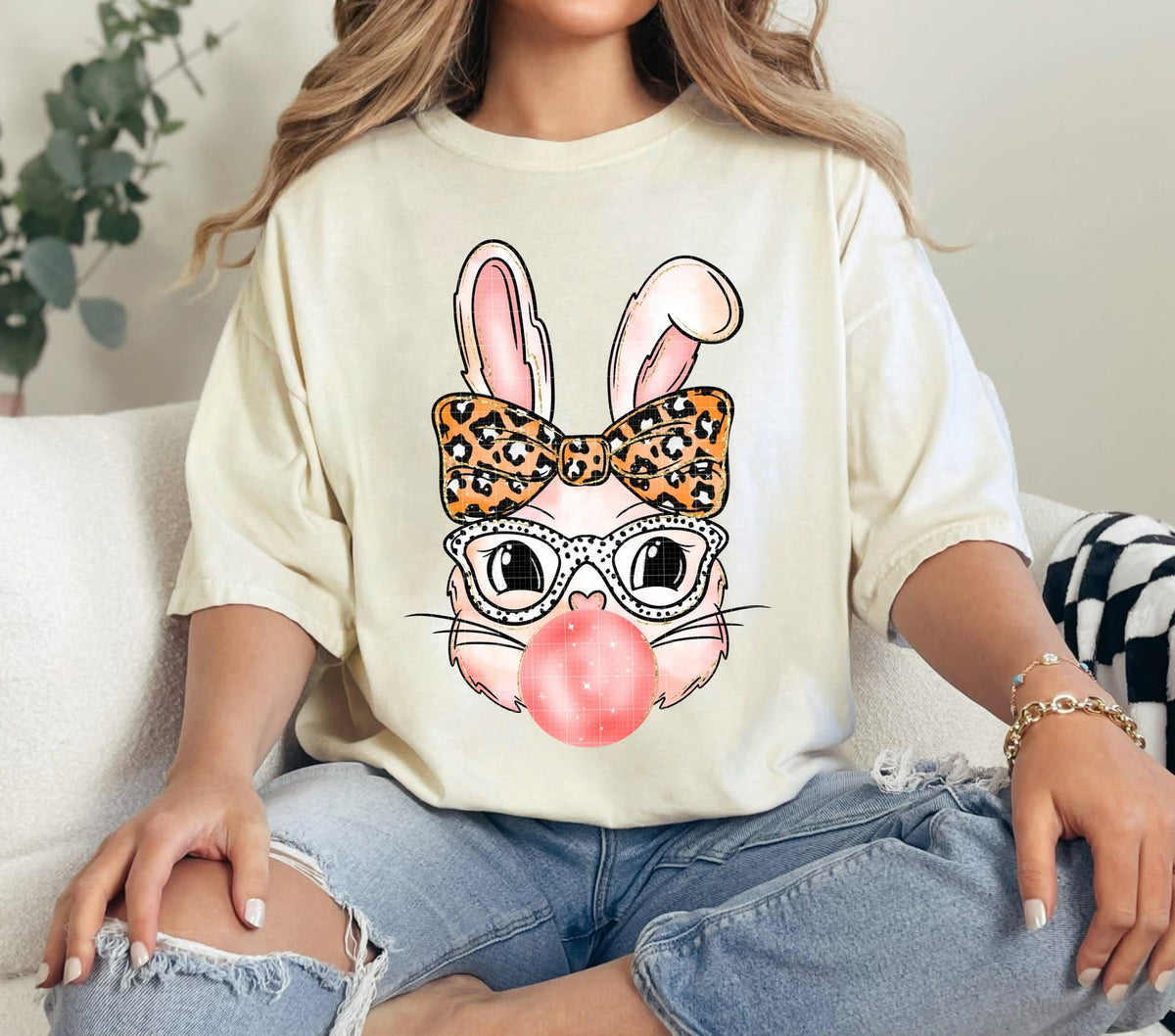 Bubblegum Bunny with orange leopard bow (linda) DTF Transfer