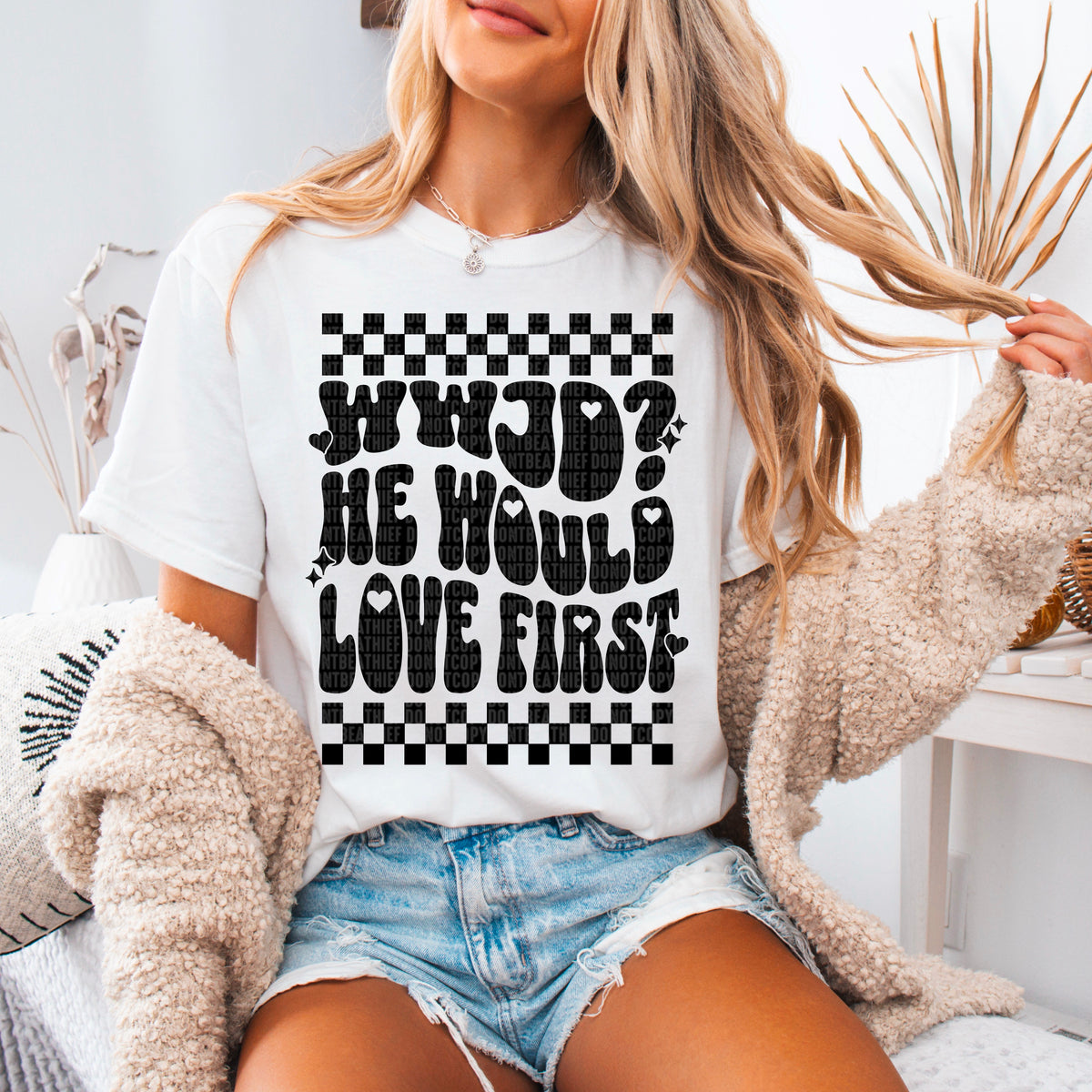 WWJD he would love first checkered black font 93594 DTF transfer