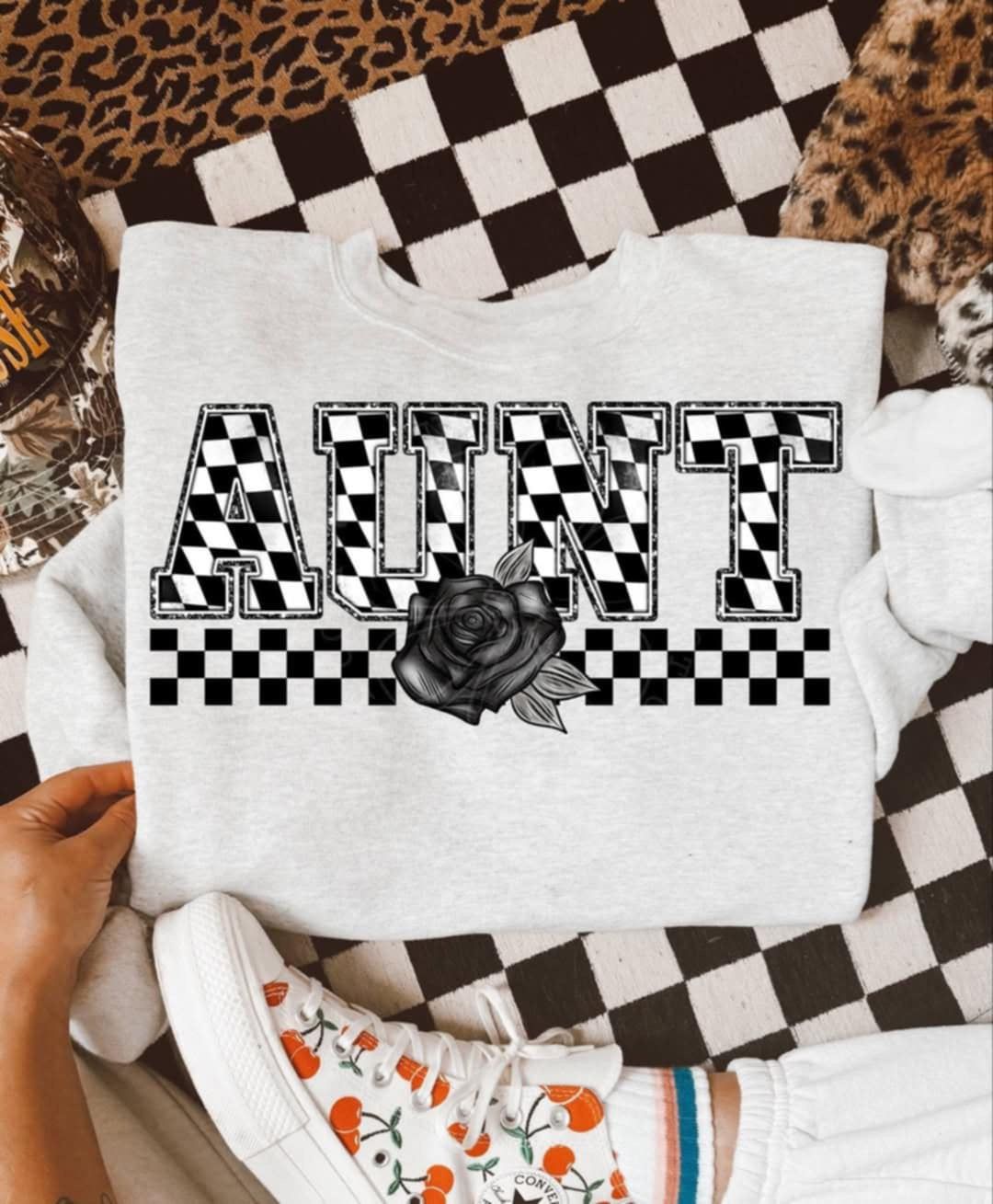 Aunt checkered with black rose (Unhinged) 99325 DTF transfer