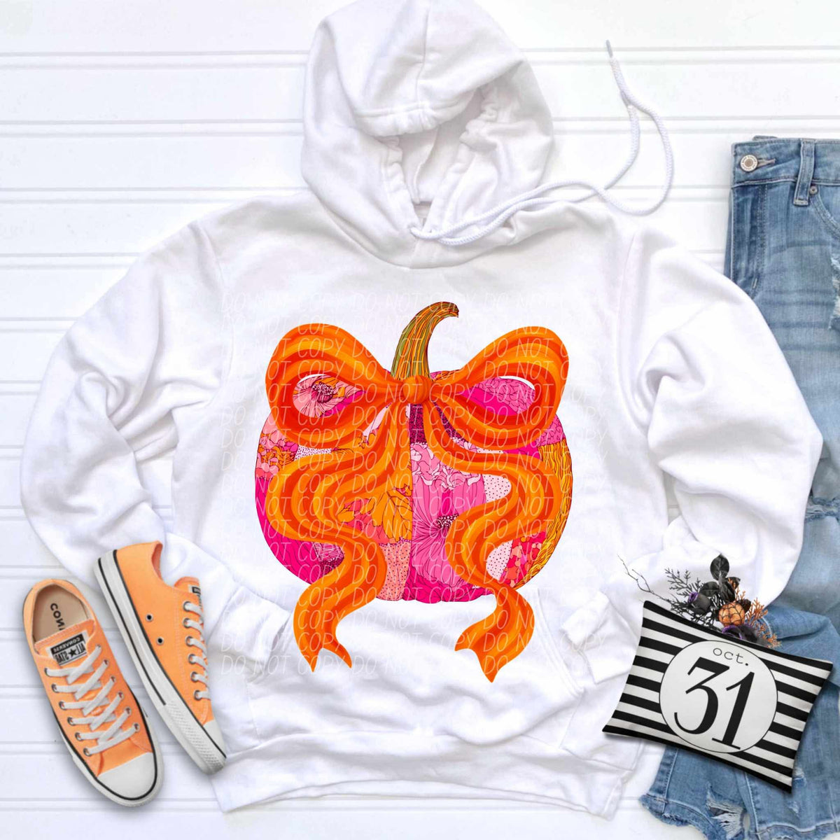 Patchwork pumpkin with pink and orange bow CITY DTF transfer