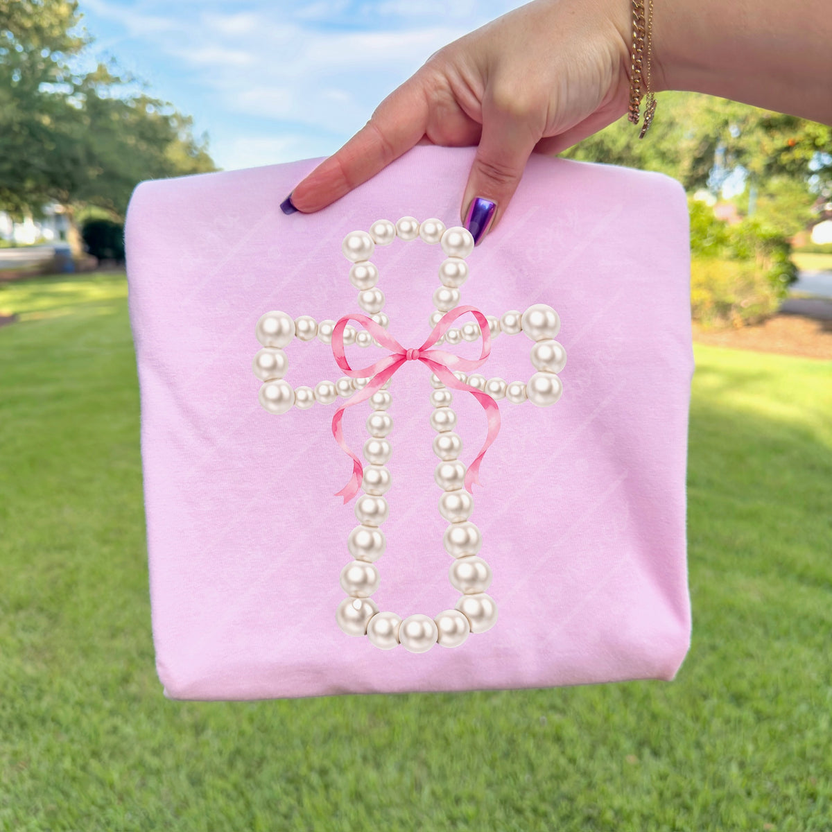 Pearl cross with pink bow DTF Transfer