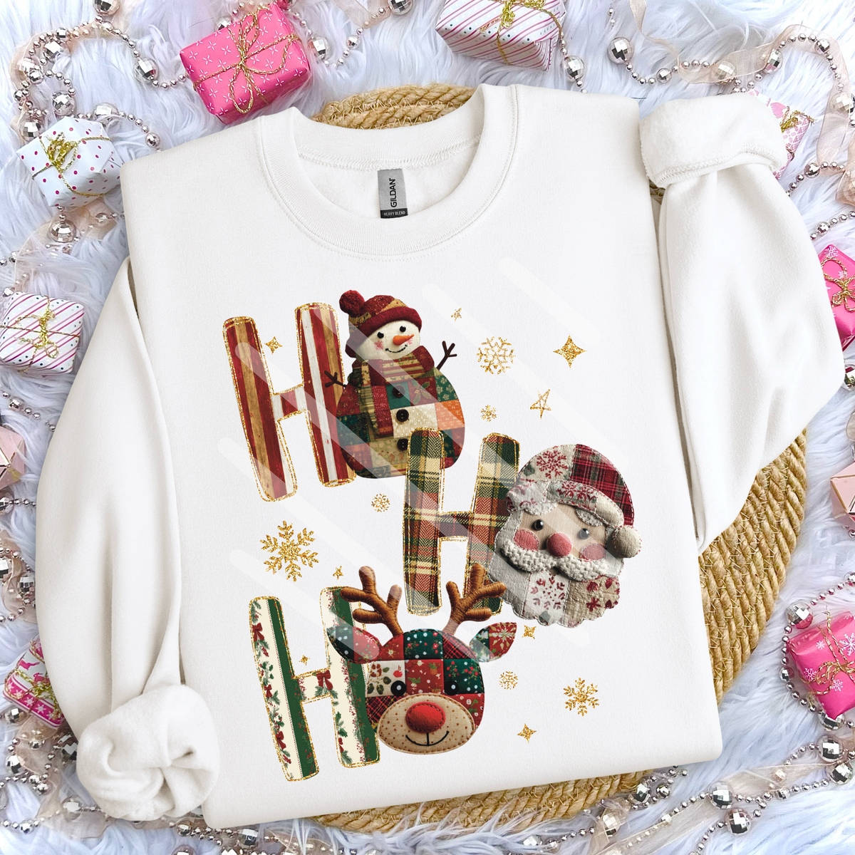 Ho Ho Ho faux fabric with snowman Santa and reindeer 113172 DTF transfer