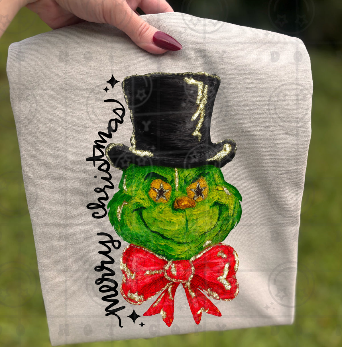 Merry Christmas green guy black hat (HW) DTF transfer