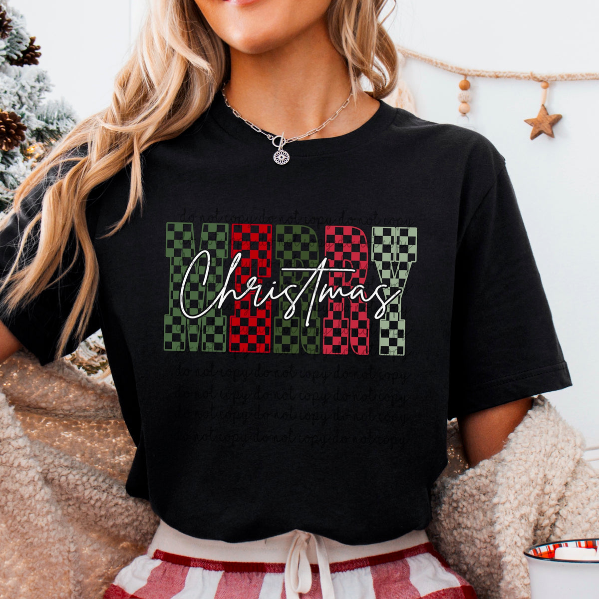 Merry Christmas Checker white cursive DTF transfer