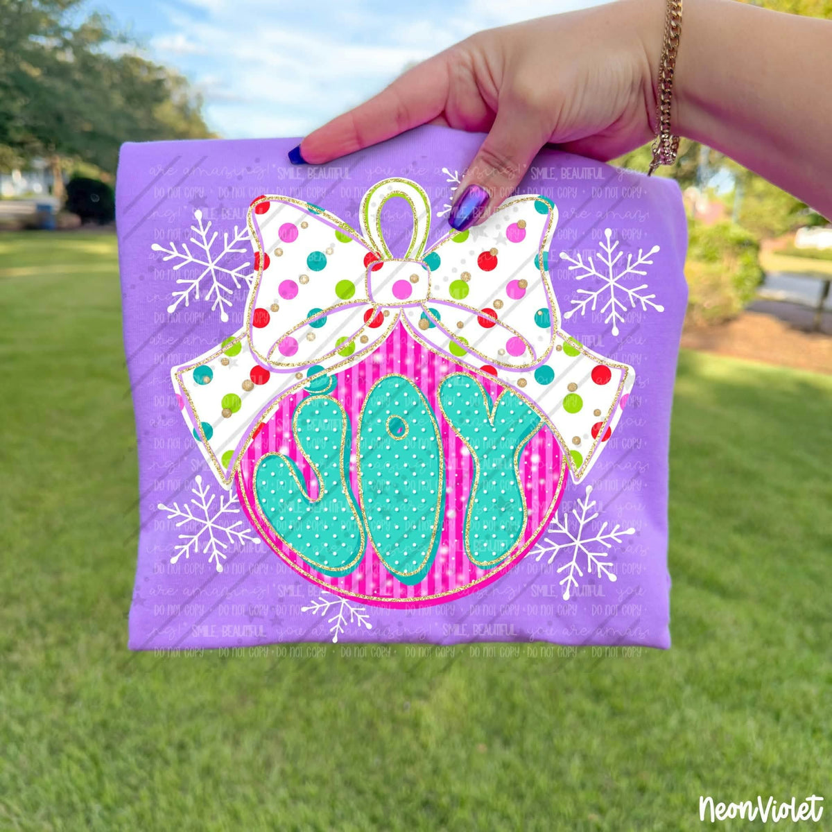 Joy ornament with polka dot bow (Carter) DTF Transfer