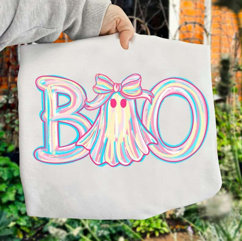 Boo Ghost wearing bow iridescent DTF transfer