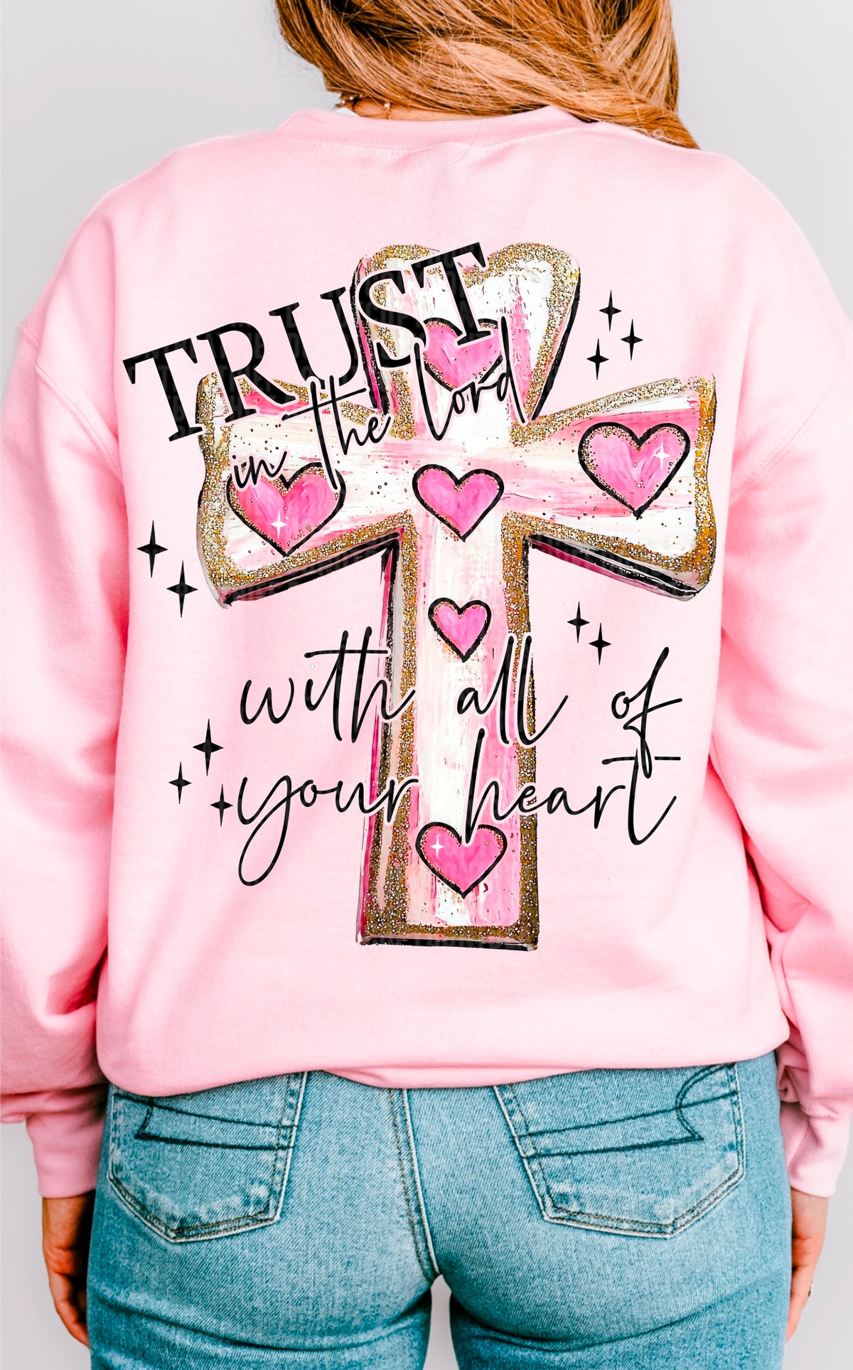 Trust in the lord with all your heart pink cross black font 93384 DTF transfer