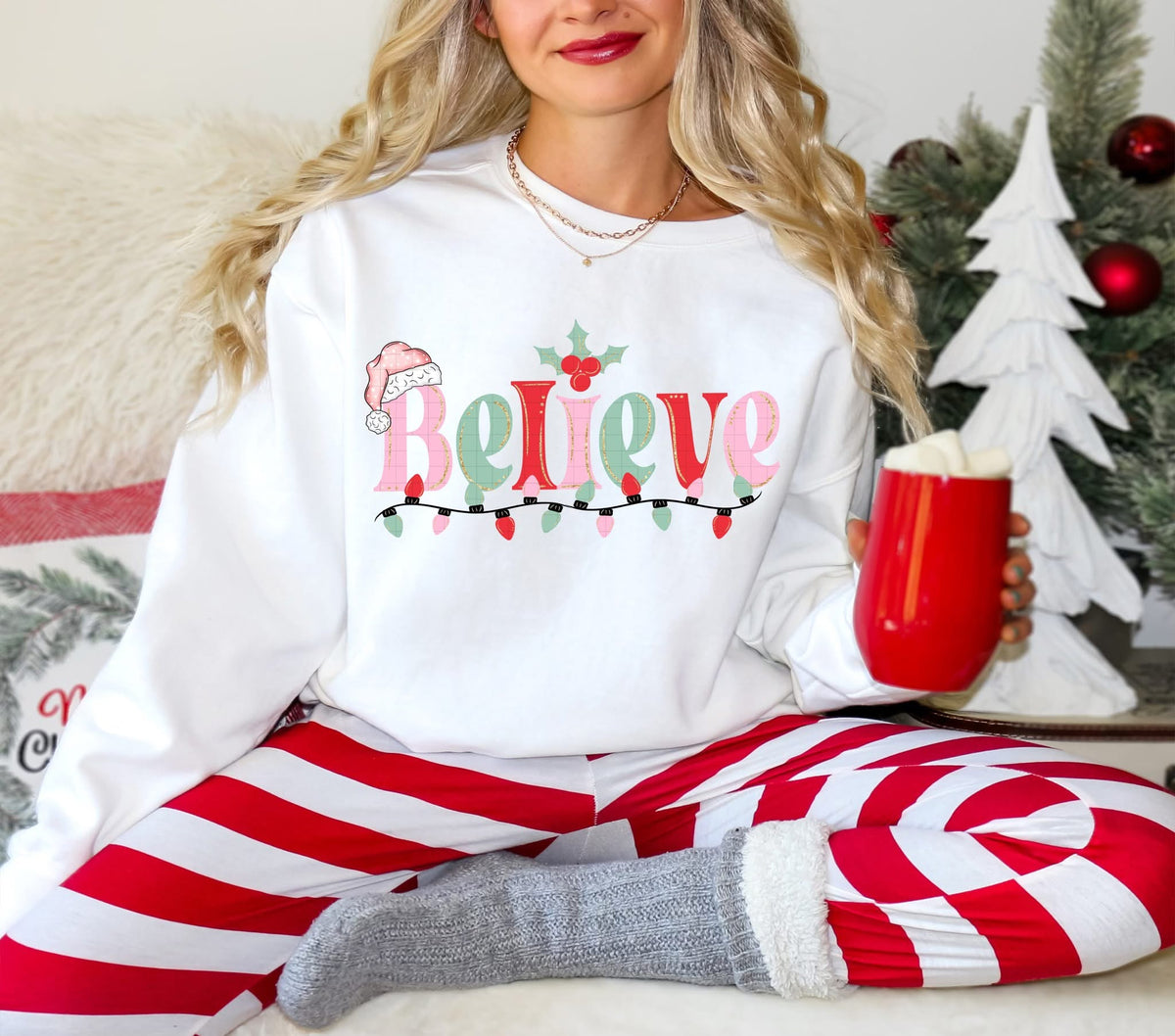 Believe Pink Santa Hat (mint pink and red letters) (Linda) DTF Transfer