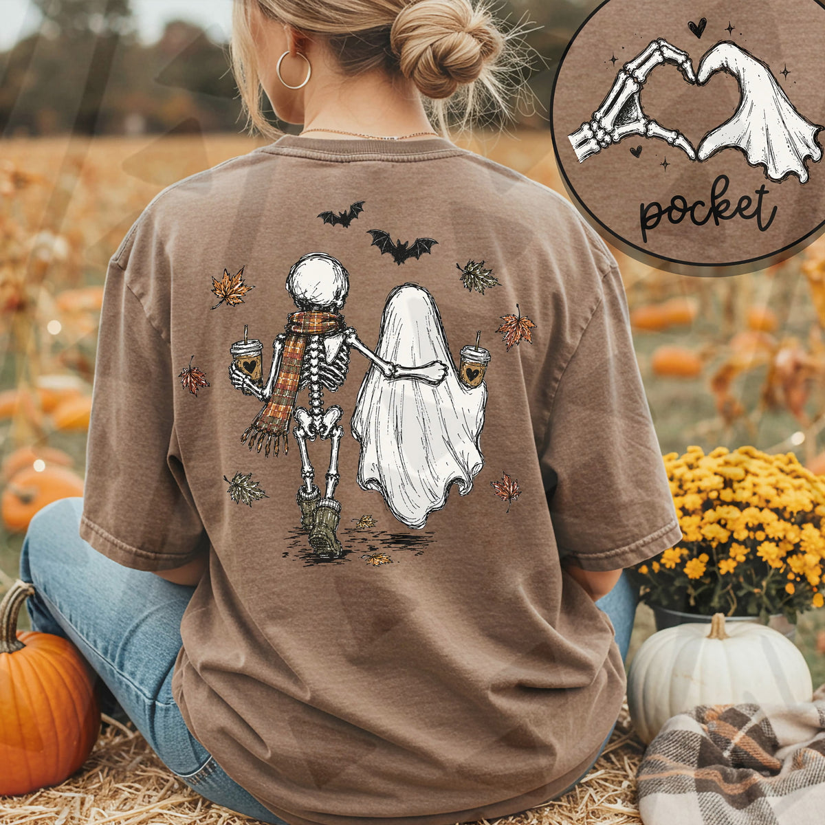 Skeleton with scarf walking with ghost (TGG) DTF Transfer