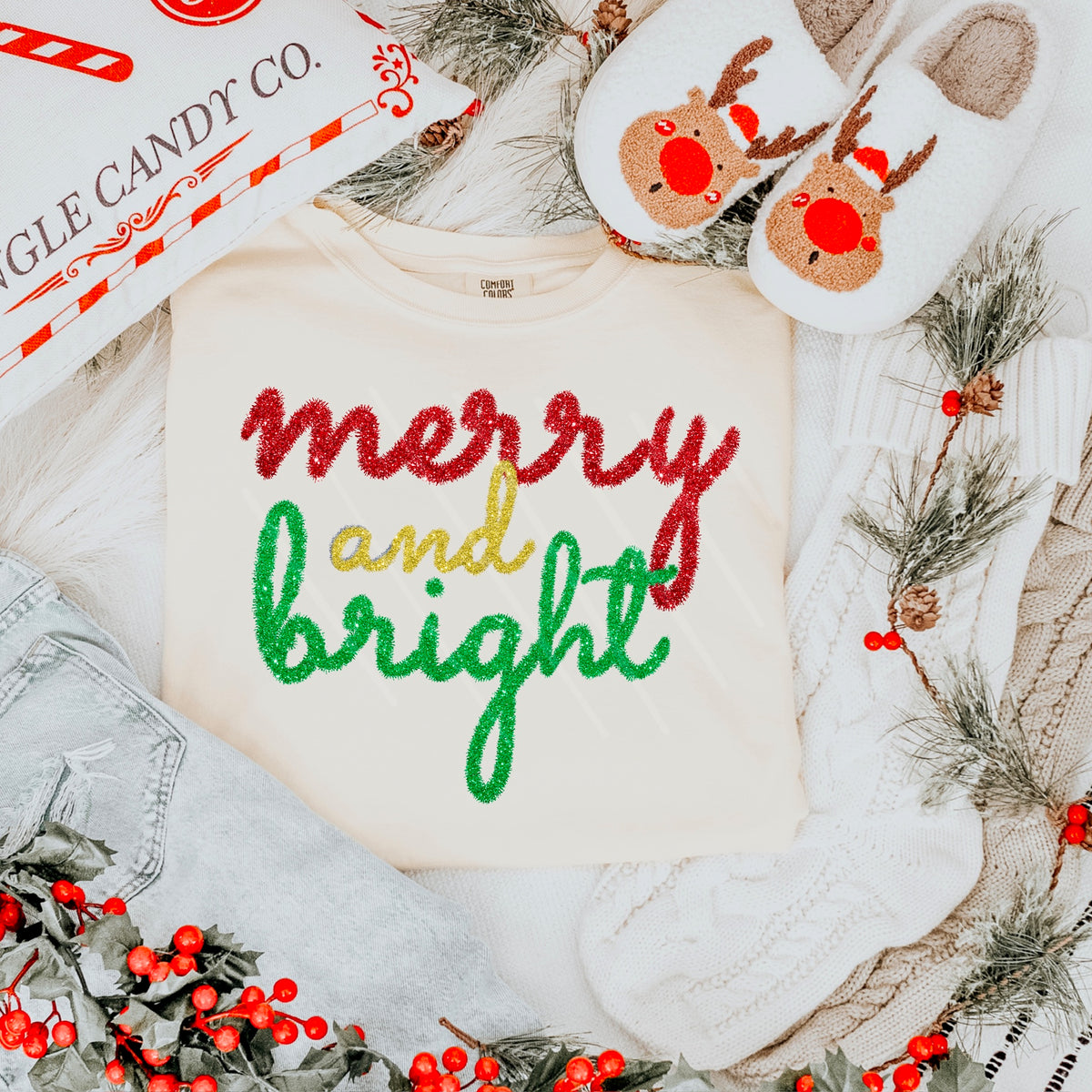 Merry and Bright tinsel GREEN AND RED 111622 DTF transfer