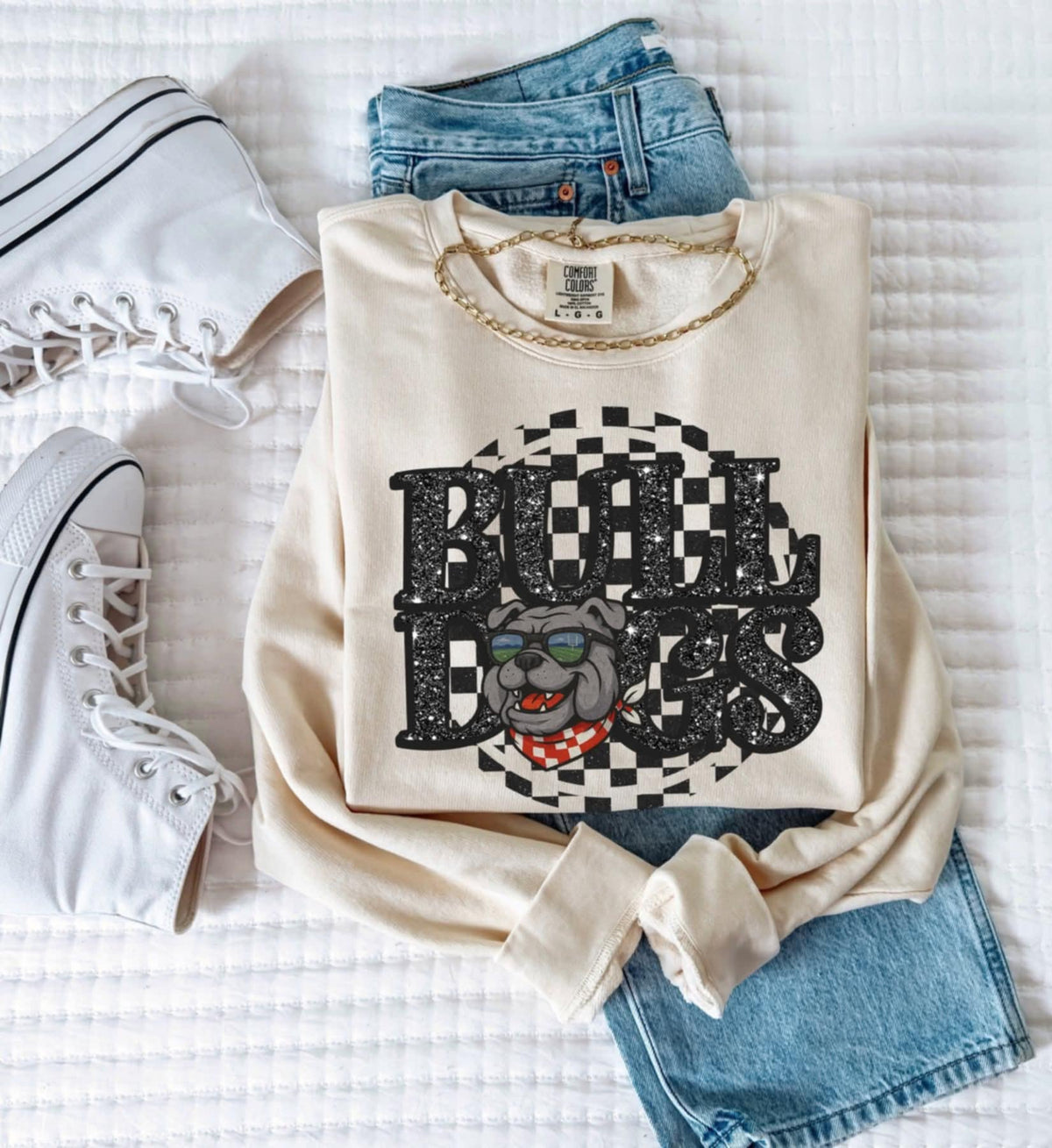 Bulldogs Mascot (red checker scarf) Black Glitter Font GROVE 111224 DTF transfer